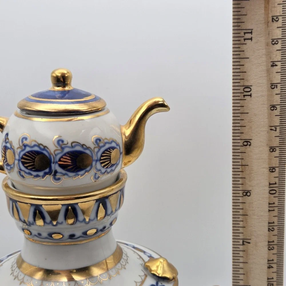 Vintage Russian Gzhel Decorative USSR Porcelain‎ Samovar Teapot Gift Gold Gilt